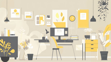 An AI-generated flat illustration of a minimalist home office setup with yellow and grey tones, focusing on simplicity and functionality, AI generative. - obrazy, fototapety, plakaty