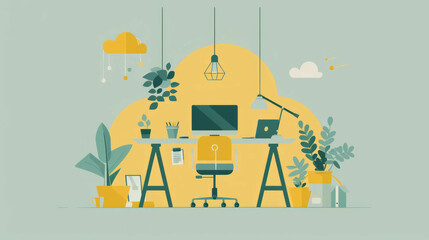 Explore the serene ambiance of a modern home office theme in this simple flat illustration, featuring a calm color palette and tasteful design elements, AI generative. - obrazy, fototapety, plakaty