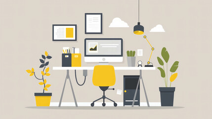 An AI-generated flat illustration of a minimalist home office setup with yellow and grey tones, focusing on simplicity and functionality, AI generative.