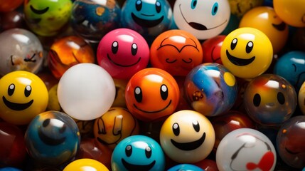 close up photo of colorful little figurines and smiley faces, marbleized, humble charm, luminous spheres - obrazy, fototapety, plakaty