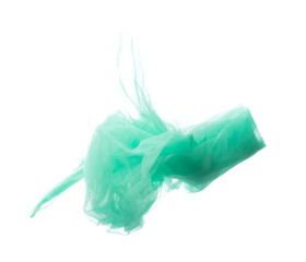Green Organza fabric flying in curve shape, Piece of textile blue sky organza fabric throw fall in air. White background isolated motion blur