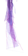 Purple Violet Organza fabric flying in curve shape, Piece of textile blue sky organza fabric throw fall in air. White background isolated motion blur