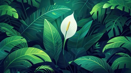 A vibrant illustration of a dense tropical jungle with a focus on a single, beautifully detailed white flower among various shades of green foliage