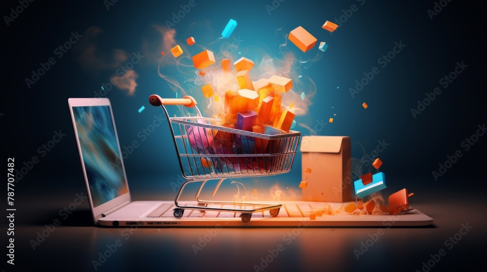 Wall mural E-commerce Essentials Shopping Cart and Laptop Illustration - Wall murals
