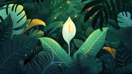 Tropical jungle scene with glowing leaves - obrazy, fototapety, plakaty