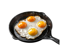 Fried Eggs in Frying Pan with White and Yellow Yolk on Black Skillet, Isolated on Plate, Breakfast Meal Cooking Concept