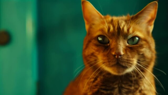 A front-facing portrait of a brown cat against a vibrant turquoise blue background. The cat stares straight at the camera, wearing a slightly dissatisfied expression. 