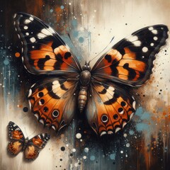 large, detailed butterfly at the center with orange and black wings with white spots, showcasing a realistic and intricate design