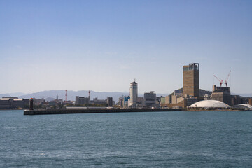 Kagawa,Japan - April 10, 2024: Port Takamatsu viewed from the sea