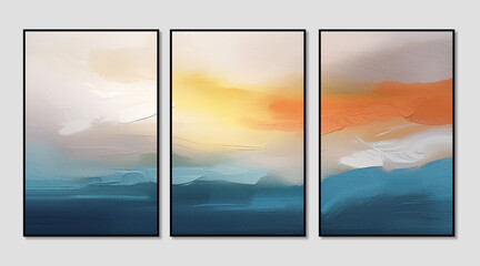 Set of three golden abstract oil painting art illustrations, modern minimalist hand drawn triptych for mural, wallpaper, decoration, poster, cover design