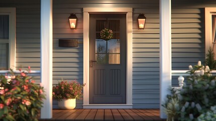 Welcoming Warmth: Grey Front Door, Glass Window, and Wooden Porch