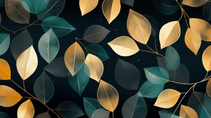 Glamorous watercolor leaves in Gold and teal colors on a solid black backgroun, fashionable colors