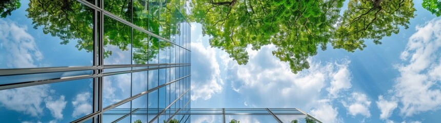 Modern environmentally friendly buildings that reduce carbon dioxide, sustainable green buildings. Trees reduce carbon dioxide. Green office environment. - obrazy, fototapety, plakaty