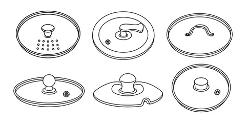 Kitchen lids vector icon set. Caps with wooden or iron handles, holes for steam. Utensil - cover for frying pan, pot. Transparent dishes made of glass, plastic, ceramics. Black and white isolated art