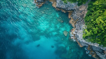 Aerial view of a tranquil cove with crystal clear turquoise waters and lush greenery