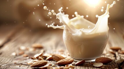 Almond milk splash in a white cup with whole almonds scattered on rustic wood - obrazy, fototapety, plakaty
