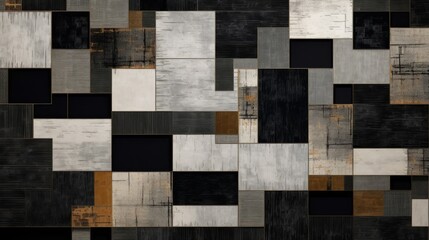 grey and white squares on a dark black background, in the style of striped arrangements, dark indigo and dark beige