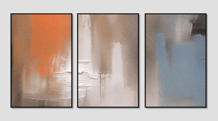 Modern minimalist abstract hand drawn oil painting triptych, creative illustration for mural, wallpaper, decoration, poster, cover design