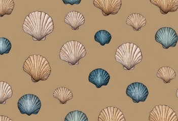 marine-themed wallpaper with a pattern of seashells in different shades of sandy beige, overlaid with a beachy multicolored painting of a seaside.