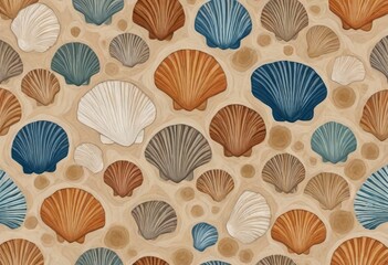 marine-themed wallpaper with a pattern of seashells in different shades of sandy beige, overlaid with a beachy multicolored painting of a seaside