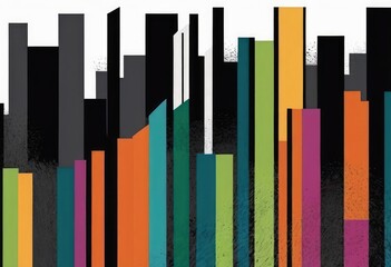 minimalist wallpaper with a pattern of lines in different shades of charcoal black, overlaid with a simple multicolored painting of a modern cityscape.