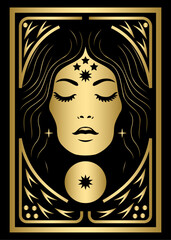 Minimalist golden gradient illustration featuring a mystic woman face
