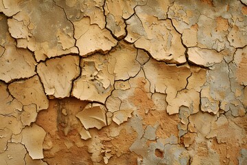 A close up of a peeling paint on a wall with a clock on