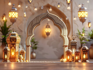 Ornately Decorated Arabic Greeting with Illuminated Lanterns and Mosque Spires in Tranquil Ambiance