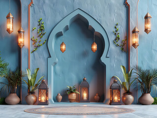 Enchanting Arabic Greeting with Lanterns and Ornate Mosque in Serene Surroundings