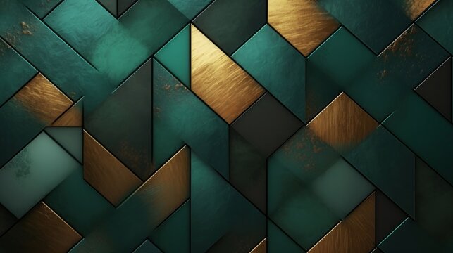 Luxury abstract and geometric background in gold and green colors with metallic texture