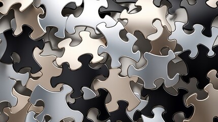 many black and white jigsaw puzzle pieces together, in the style of light gray and light brown, layered illusions, staining, sleek metallic finish