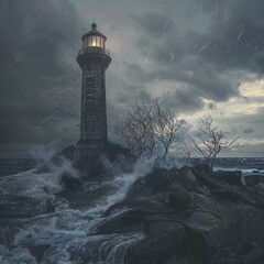 Old lighthouse on a rugged stormy coastline with waves crashing against the rocks