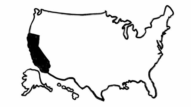 American map in handwritten with drawn California state in set of isolated animations. Stop motion full stack of outline borders of the USA and one of districts filmed in grunge style. Learn geography