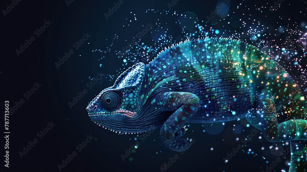 Wall mural digital chameleon in neon colors. big data visualization. information aesthetic design. animal learn