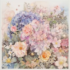 This image features a vibrant bouquet of blue hydrangeas, pink roses, and various delicate flowers, with gleaming stars scattered throughout on a soft background