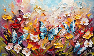 Fototapeta na wymiar Colorful abstract oil acrylic painting of colorful butterflies flying in the poppy flower fields on the hill, pallet knife on canvas, wide angle view, blue sky