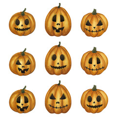 Carved orange pumpkin Halloween set. Jack o Lantern, illuminating the way. Cartoon clipart. Hand drawn watercolor illustration isolated background. For website design, brochures, party invitations