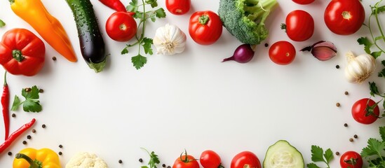 Fresh veggies arranged on a white background with room for text. Viewed from above.