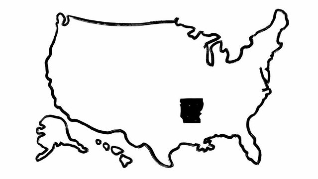 Isolated hand written map of America and Arkansas state in black color on white background filmed in stop motion animation. Package of scribble outline geographical territory of the USA and a district