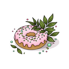 Donut isolated on a white background. Cute, colorful and glossy donuts with pink glaze and multicolored powder. Simple modern design. Realistic vector illustration
