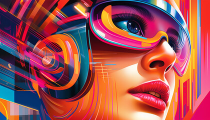 A colorful painting of a woman with headphones on her head