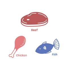 Chicken, beef, and fish meats source of protein raw food ingredients silhouette monochrome illustration icon isolated on square white background. Simple flat cartoon styled drawing.