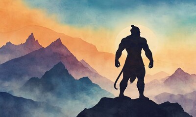 illustration of a strong silhouette of hanuman on top of a mountain - obrazy, fototapety, plakaty