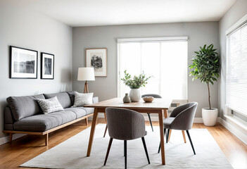 Fototapeta premium Wooden Chairs in Bright Open Interior with Lamp And Grey Couch