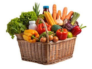 Basket full of groceries and vegetables isolated on transparent background