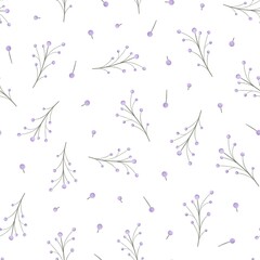 Floral seamless pattern with abstract floral branches with leaves, blooming flowers and berries. Vector illustration of nature in vintage watercolor in pink and light lilac color.