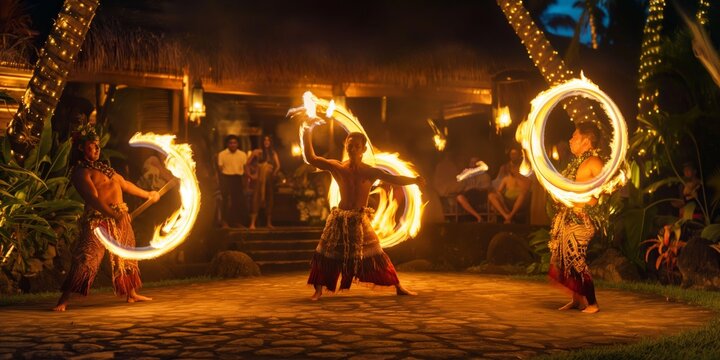 Fiery night scene of performers engaged in a traditional fire dance, showcasing cultural heritage with dramatic, dynamic flames