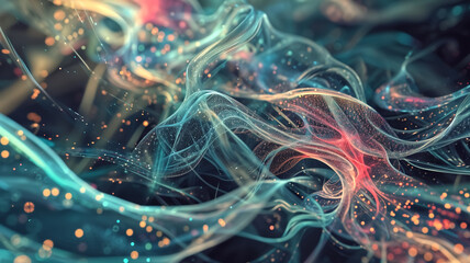 Digital art presenting an abstract visualization of neural network synapses with interconnected lines and glowing particles, depicting cognitive processes.
 - obrazy, fototapety, plakaty