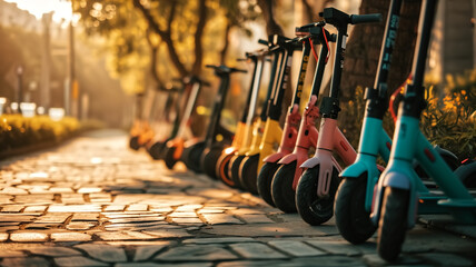 Row of colorful electric scooters for rent on a sunny city sidewalk. Eco-friendly transportation concept with copy space for design and print. - obrazy, fototapety, plakaty