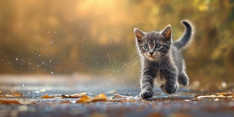 Capturing the playful spirit of a young kitten frolicking among falling autumn leaves with joy and curiosity - obrazy, fototapety, plakaty